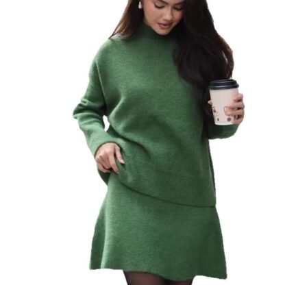 Mock Neck Sweater Autumn And Winter Knitting Top A- Line Skirt Two Pieces - Image 5