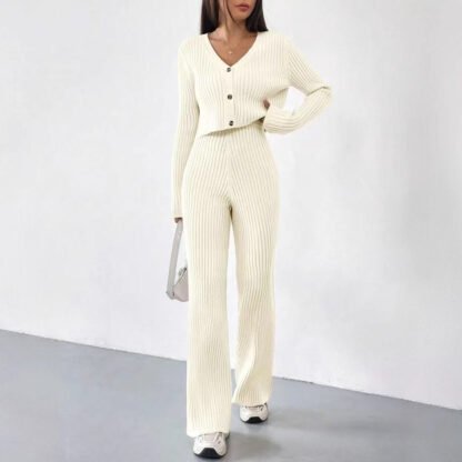 Solid Color Knitted Two-piece Women's V-neck Short Knitted Cardigan Bootcut Trousers Versatile Casual Women's Clothing - Image 3