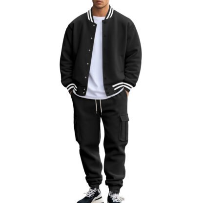 Stand Collar Baseball Uniform Trousers Fleece-lined Casual Coat Sports Suit - Image 4