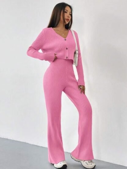 Solid Color Knitted Two-piece Women's V-neck Short Knitted Cardigan Bootcut Trousers Versatile Casual Women's Clothing - Image 9