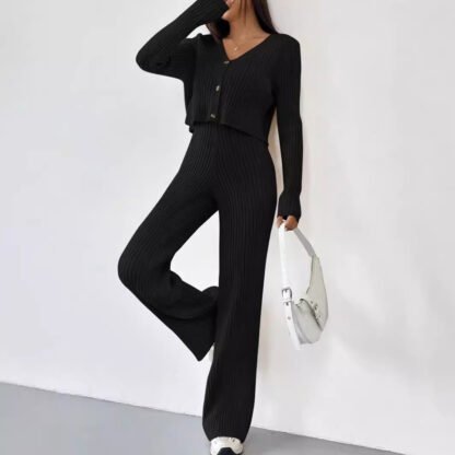 Solid Color Knitted Two-piece Women's V-neck Short Knitted Cardigan Bootcut Trousers Versatile Casual Women's Clothing - Image 4
