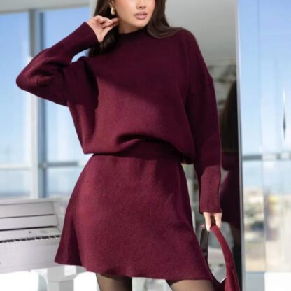 Mock Neck Sweater Autumn And Winter Knitting Top A- Line Skirt Two Pieces - Image 2