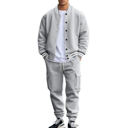 Stand Collar Baseball Uniform Trousers Fleece-lined Casual Coat Sports Suit - Image 10