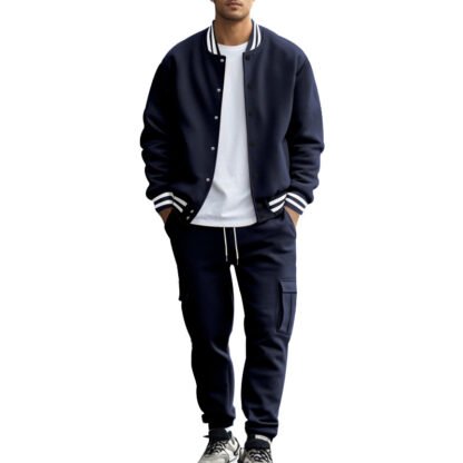 Stand Collar Baseball Uniform Trousers Fleece-lined Casual Coat Sports Suit - Image 3