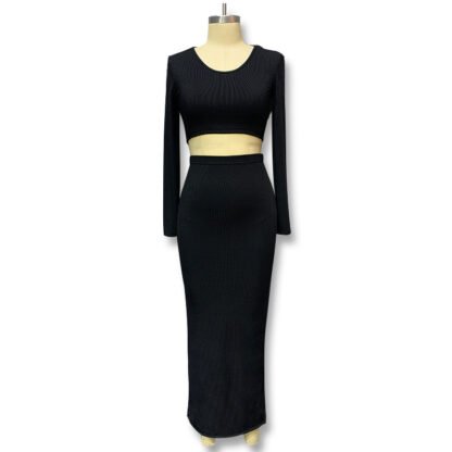 Solid Color Knitted Long-sleeve Suit Half-length Slit Sheath Skirt Two Pieces - Image 5