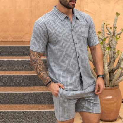 Men's Jacquard Button Shirt Lapel Casual T-shirt Suit - Image 8