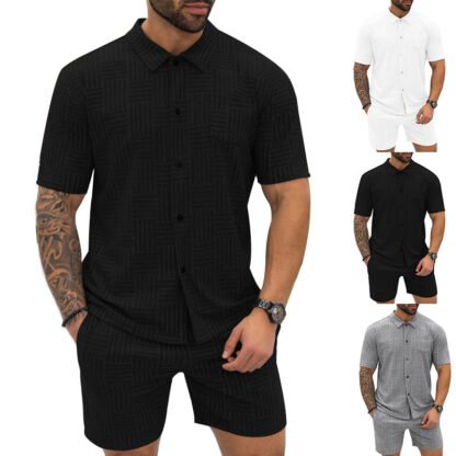 Men's Jacquard Button Shirt Lapel Casual T-shirt Suit - Image 2