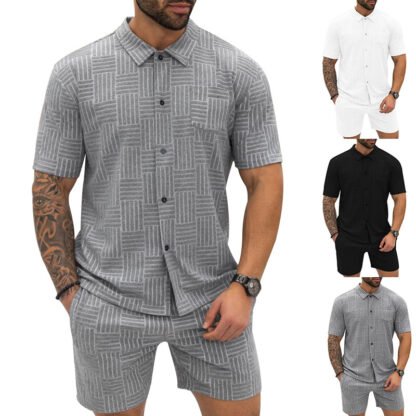 Men's Jacquard Button Shirt Lapel Casual T-shirt Suit - Image 3