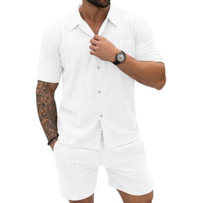 Men's Jacquard Button Shirt Lapel Casual T-shirt Suit - Image 6