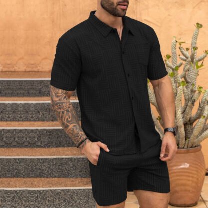 Men's Jacquard Button Shirt Lapel Casual T-shirt Suit - Image 7