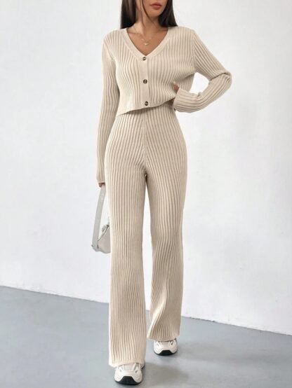 Solid Color Knitted Two-piece Women's V-neck Short Knitted Cardigan Bootcut Trousers Versatile Casual Women's Clothing - Image 7