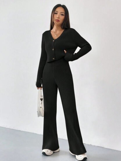 Solid Color Knitted Two-piece Women's V-neck Short Knitted Cardigan Bootcut Trousers Versatile Casual Women's Clothing - Image 10