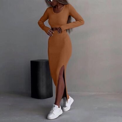 Solid Color Knitted Long-sleeve Suit Half-length Slit Sheath Skirt Two Pieces - Image 4