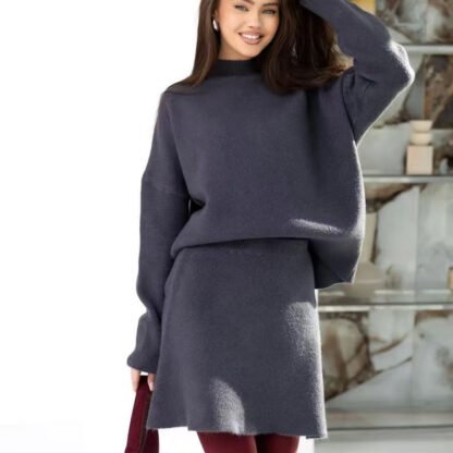 Mock Neck Sweater Autumn And Winter Knitting Top A- Line Skirt Two Pieces - Image 4