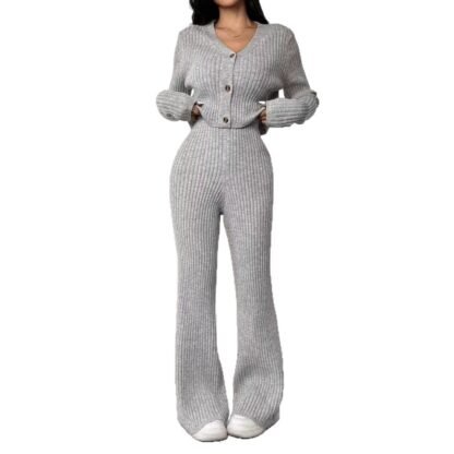 Solid Color Knitted Two-piece Women's V-neck Short Knitted Cardigan Bootcut Trousers Versatile Casual Women's Clothing - Image 5