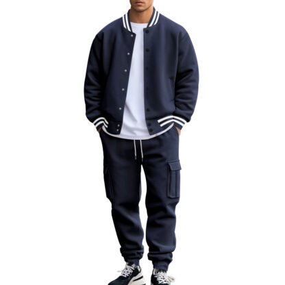 Stand Collar Baseball Uniform Trousers Fleece-lined Casual Coat Sports Suit - Image 8
