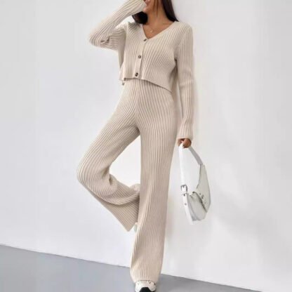 Solid Color Knitted Two-piece Women's V-neck Short Knitted Cardigan Bootcut Trousers Versatile Casual Women's Clothing - Image 2