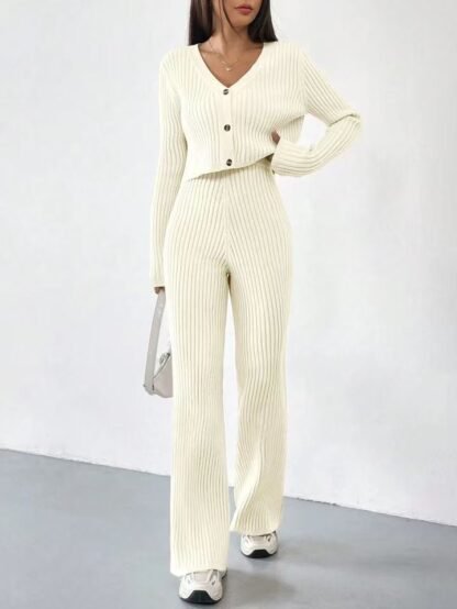 Solid Color Knitted Two-piece Women's V-neck Short Knitted Cardigan Bootcut Trousers Versatile Casual Women's Clothing - Image 6