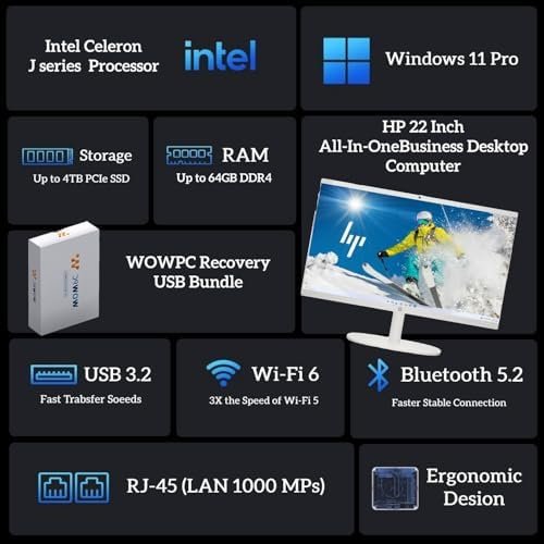 HP 2025 New 22 Inch All-in-One Desktop Computer • 12GB RAM • 256GB PCIe SSD • Intel CPU • Ultra-Quiet Design • Microsoft Office Trial • Wi-Fi 6 • White KB & Mouse • WOWPC Recovery USB • Windows 11 : Electronics - Image 2